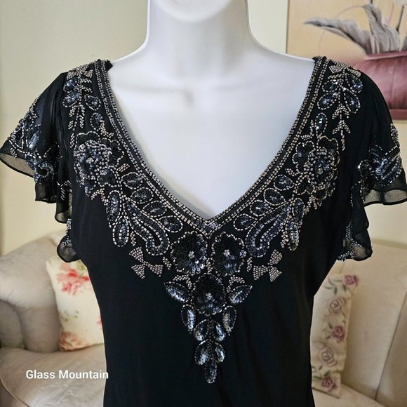 SOLD - JKara Cocktail Dress With Silver Beading Hanky Hem & Flutter Sleeves - Picture 4 of 10